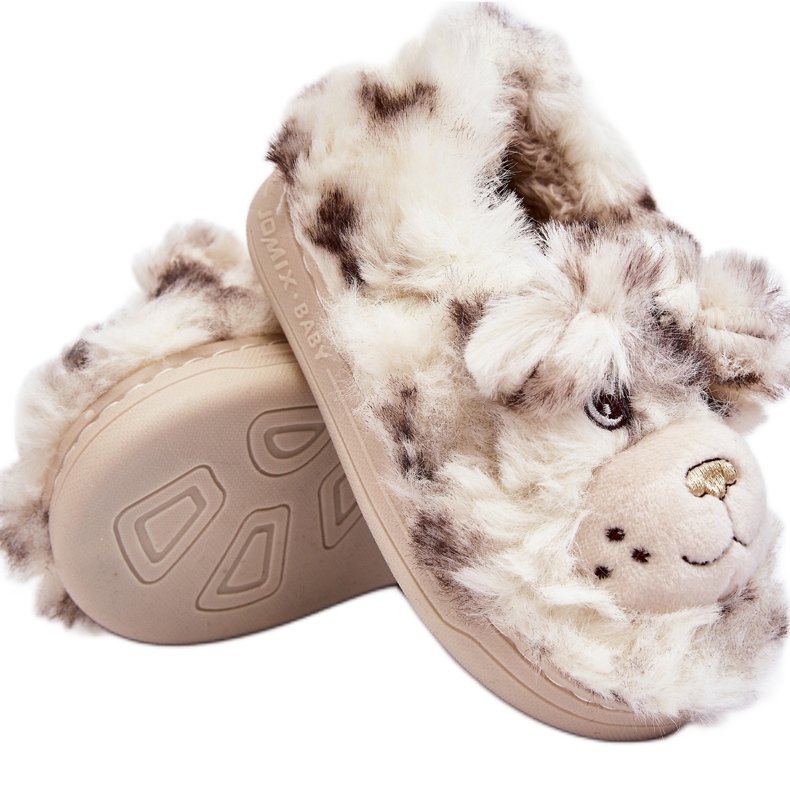 Furry children's slippers with a teddy bear, light beige Apolanie