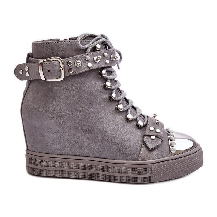 Insulated wedge boots with rhinestones, suede Lu Boo, gray grey