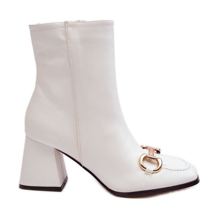 Leather high-heeled ankle boots with decoration, white Pamelinta