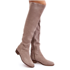 Women's Suede Over-the-Knee Boots with Flat Heels, Beige Hewanella