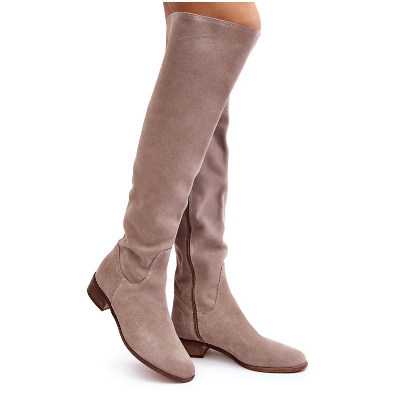 Women's Suede Over-the-Knee Boots with Flat Heels, Beige Hewanella