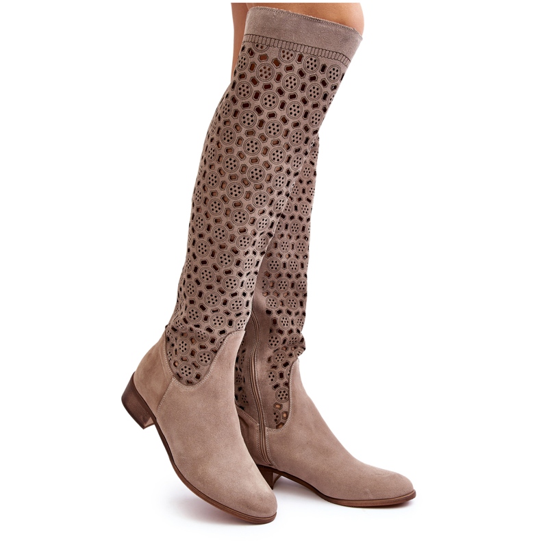Suede Boots with an Openwork Pattern, Beige Pointe