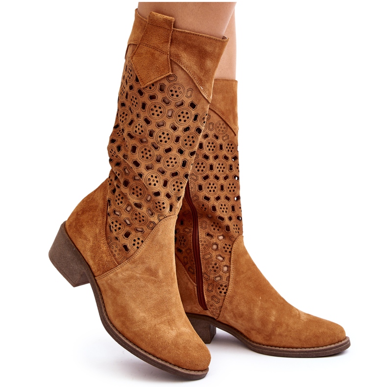 Women's Openwork Suede Boots With Low Heels Camel Ndulu brown