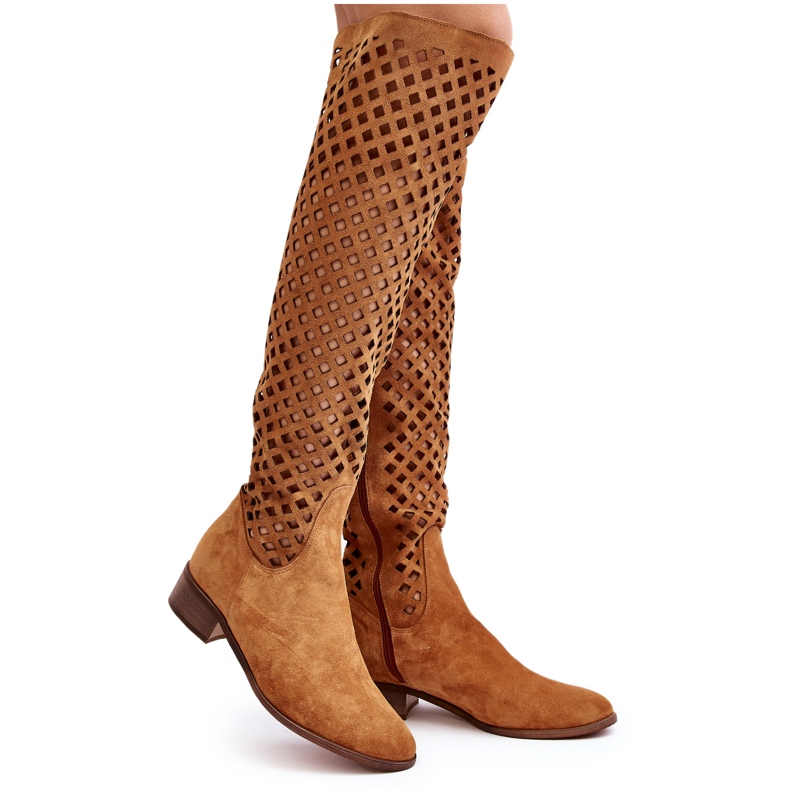 Camel Arinna suede boots with an openwork pattern brown