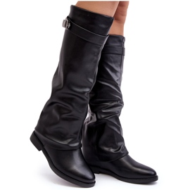 Women's Flat Boots with a Ruched Upper, Black Tercella
