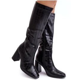 Women's High Heel Boots With Decorative Embossing, Black Vabaria