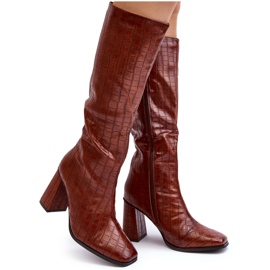 Brown Women's High Heel Boots With Decorative Embossing Vabaria