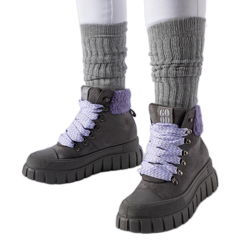 Gray ankle boots with purple Roanoke accents grey