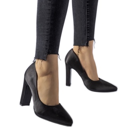 Black satin stiletto pumps by Rivers