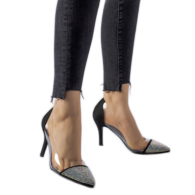 Black high heels with cubic zirconia and Laceno clearance