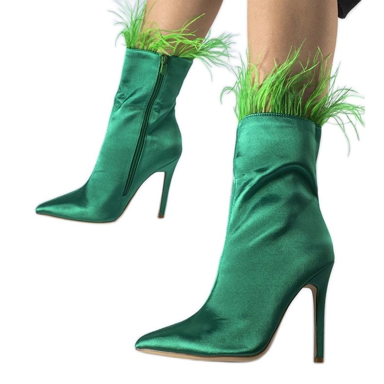 Green ankle boots decorated with Selvena feathers