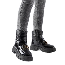 Black patent snow boots with Elijah buckle