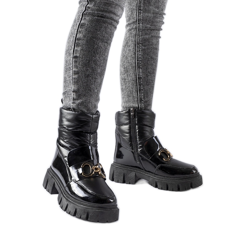 Black patent snow boots with Elijah buckle Black patent snow boots with Elijah buckle