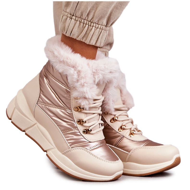 NEWS Women's snow boots lace -up with fur light beige