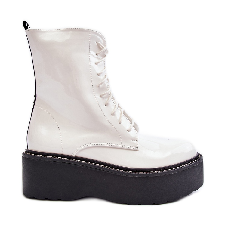 White patent top lace up boots