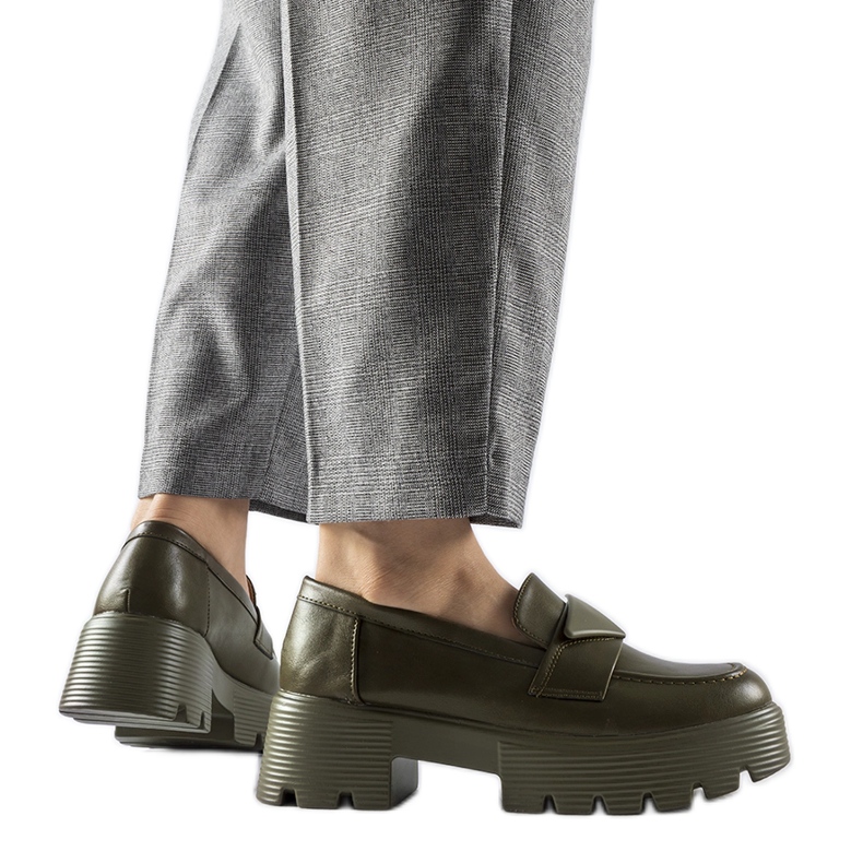 Green moccasins with a massive Eligio sole