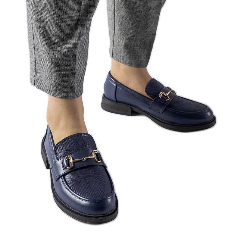 Navy blue moccasins with a Gennaro buckle