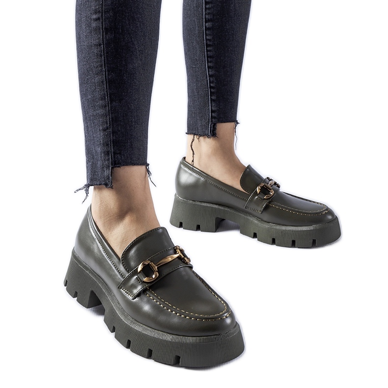 Green moccasins with a Cerzeto buckle