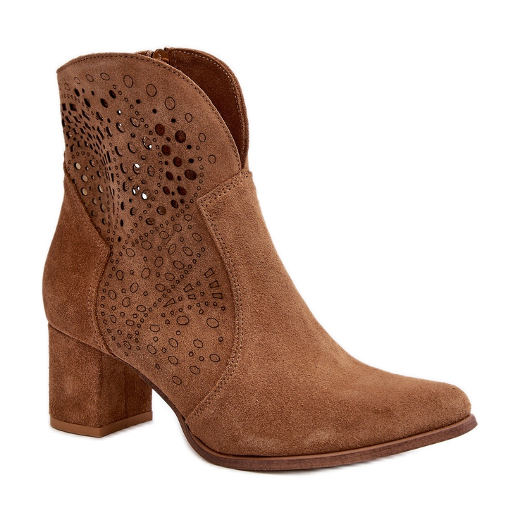 Zazoo 3166 Women's Openwork High Heel Boots, Suede Camel brown