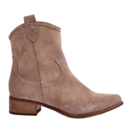 Zazoo 3329 Cappucino Suede Cowboy Boots with Low Heels beige