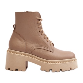 Zazoo 3413 Women's Leather Worker Ankle Boots With Massive High Heels, Beige