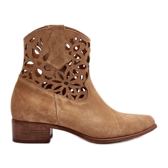 Zazoo 3404 Openwork Cowboy Boots On Low Heels Suede Beige