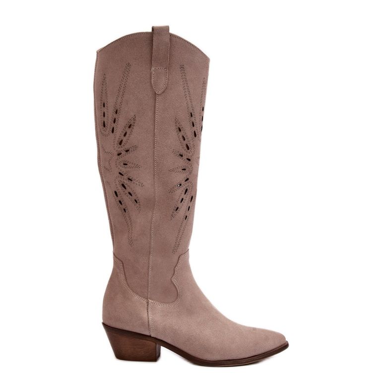 Zazoo 2909 Suede Openwork Boots On Low Heels, Beige