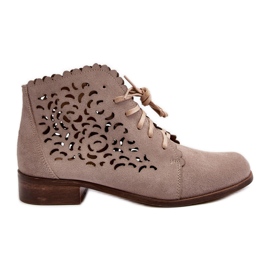 Zazoo 2871 Women's Openwork Lace-Up Ankle Boots, Beige