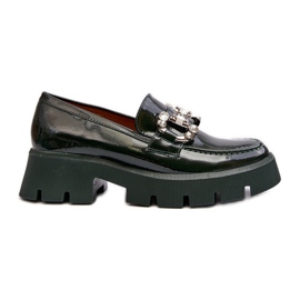 Women's Patent Leather Moccasins With Decoration, Dark Green Arsaba