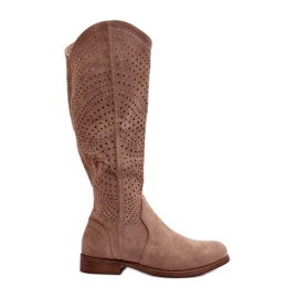 S.barski HY66-150 Openwork Boots On Flat Heels Beige