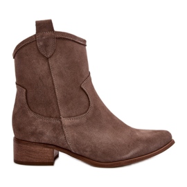 Zazoo 3329 Suede Cowboy Boots On Low Heels Dark Beige