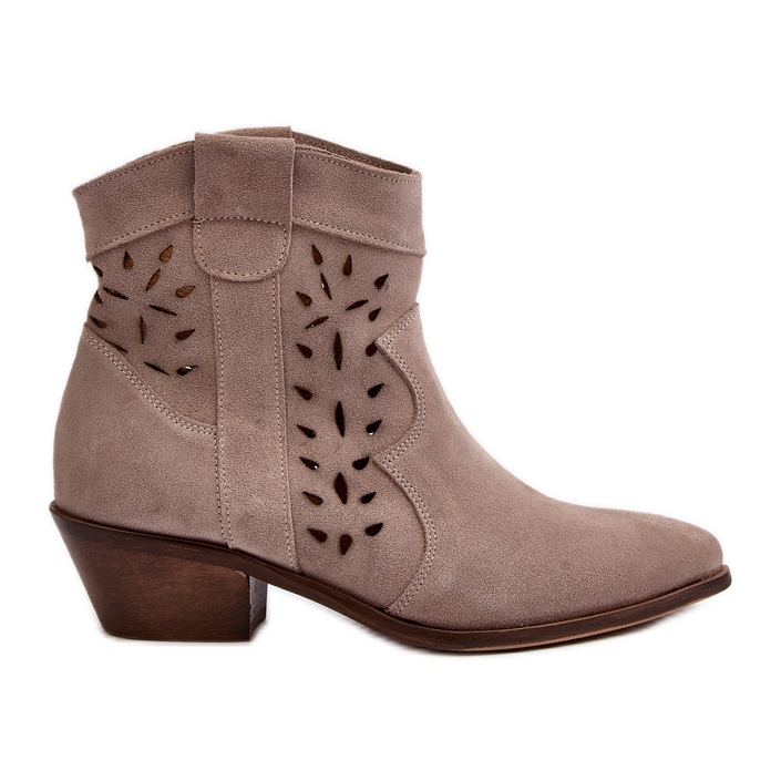 Zazoo 2870 Suede Openwork Low-Heel Boots, Beige