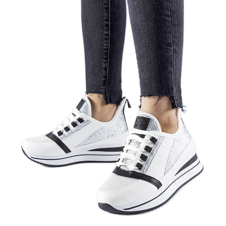 White glitter sneakers on the Marce platform