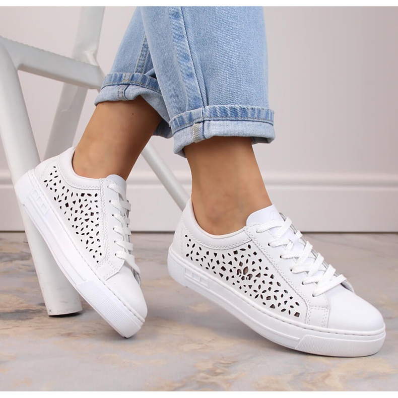 Leather comfortable openwork women's sports shoes, white, Rieker L8831-80