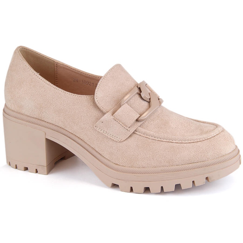 Women's shoes, suede moccasins on a high heel and platform, beige Vinceza 10921