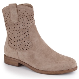 Beige suede women's openwork ankle boots S.Barski HY66-135