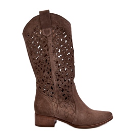 Zazoo 3403 Women's Openwork Boots On Low Heels, Dark Beige Zazoo 3403 Women's Openwork Boots On Low Heels, Dark Beige