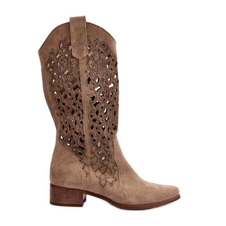 Zazoo 3403 Women's Openwork Boots On Low Heels Light Beige