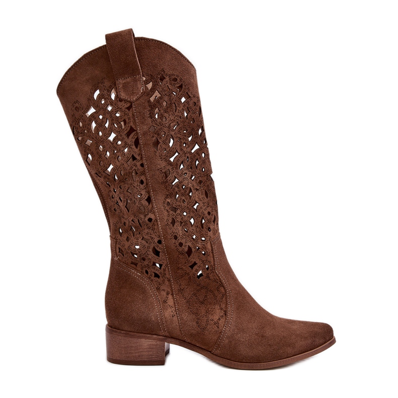 Zazoo 3403 Brown Openwork Women's Boots on Low Heels