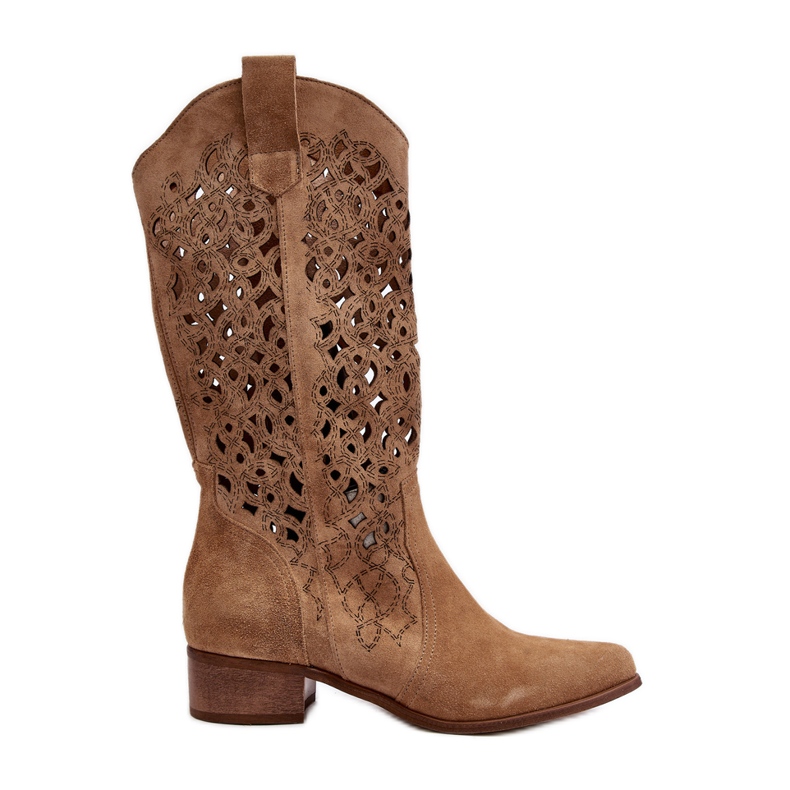 Zazoo 3403 Women's Openwork Boots On Low Heels, Beige