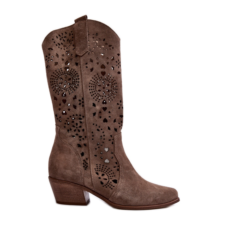 Zazoo 3396 Suede Openwork Mid-Calf Boots Dark Beige