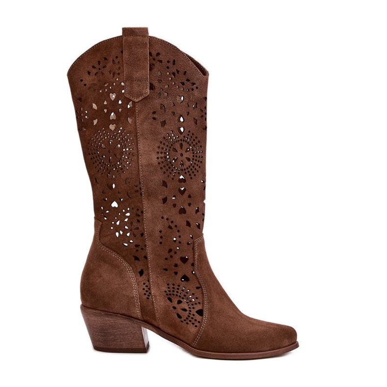 Zazoo 3396 Suede Openwork Mid-Calf Boots Brown