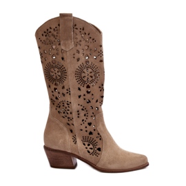 Zazoo 3396 Suede Openwork Mid-Calf Boots Light Beige Zazoo 3396 Suede Openwork Mid-Calf Boots Light Beige