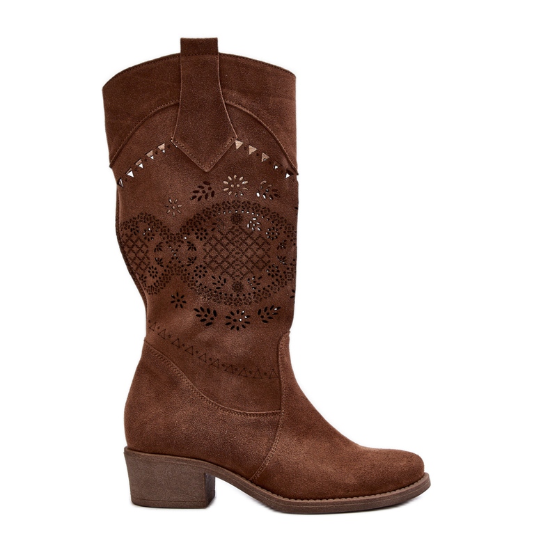 Zazoo 4043 Suede Openwork Low-Heel Boots Brown