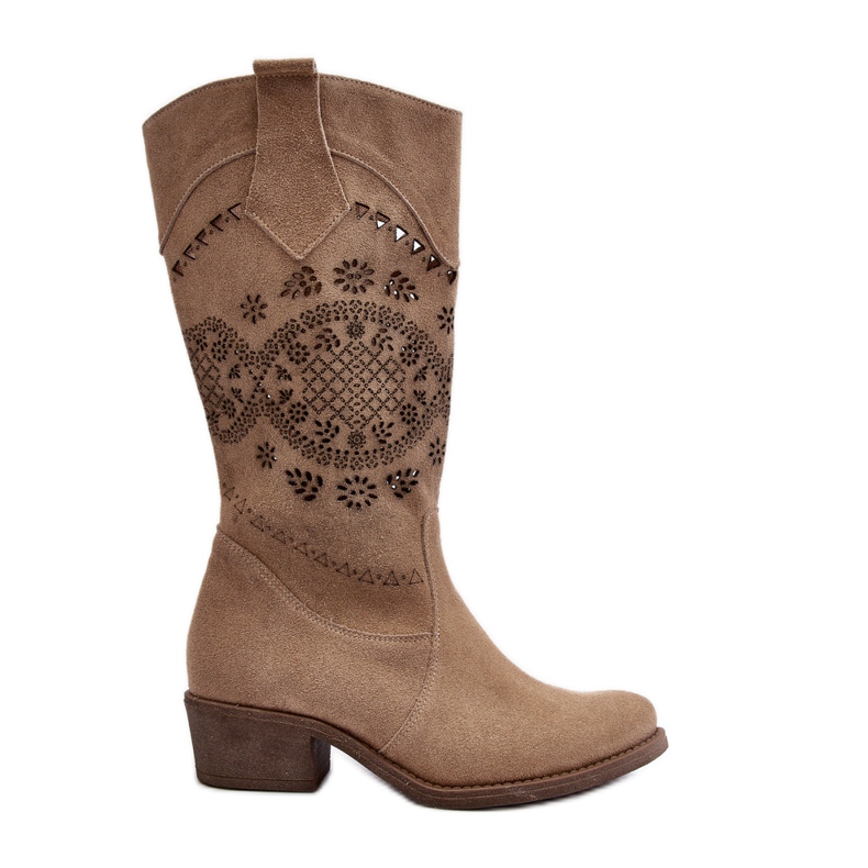 Zazoo 4043 Openwork Beige Suede Low-Heel Boots