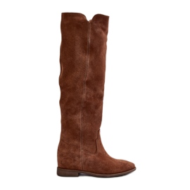 Zazoo 3407 Suede Knee-high Boots with Camel Flat Heels brown
