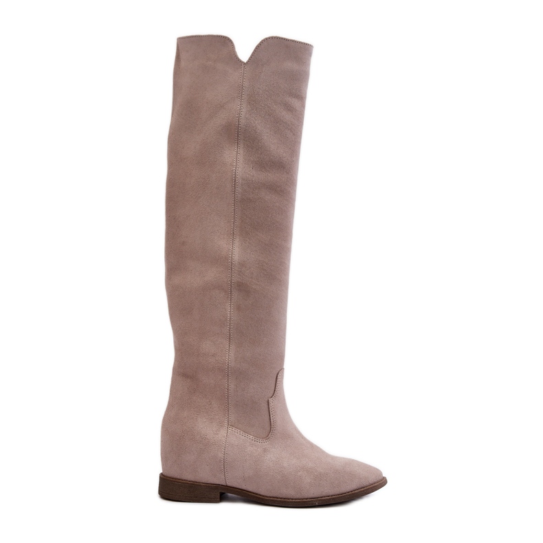 Zazoo 3407 Suede Knee-high Boots with Flat Cappuccino Heels beige