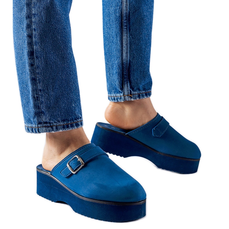 Navy blue clog slides on the Lang platform