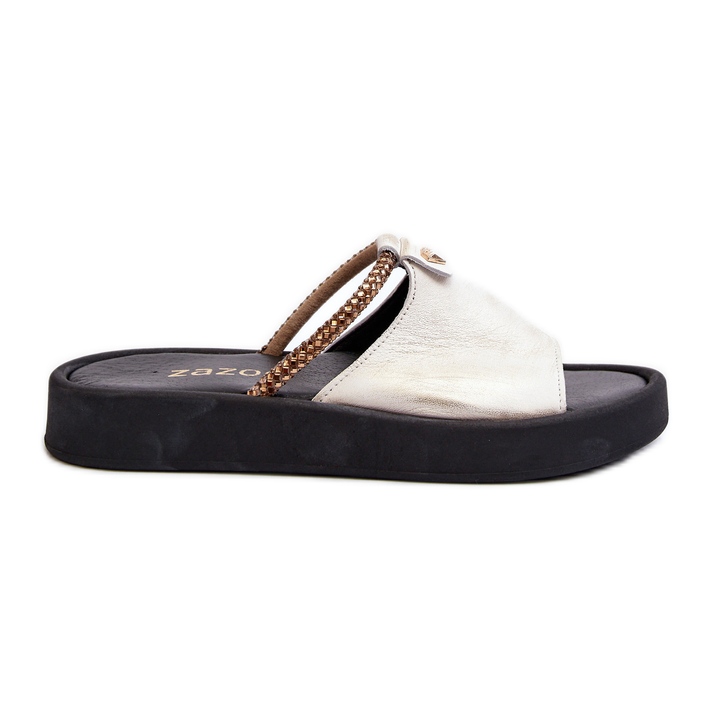 Zazoo 2896 Women's Leather Flip-Flops White and Gold golden