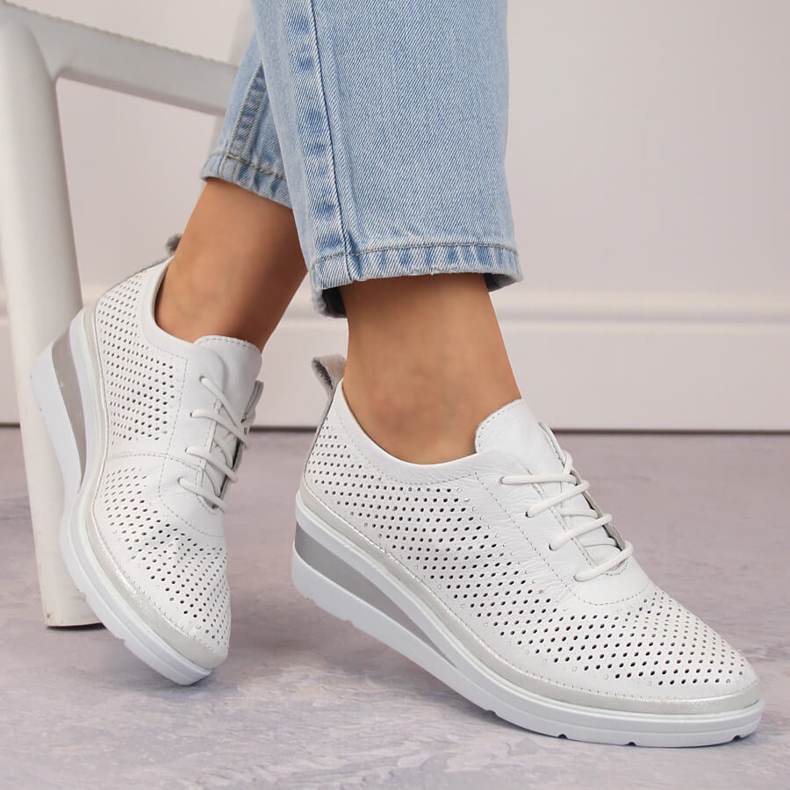 Women's leather openwork sports wedge shoes, white, T.Sokolski W24-150